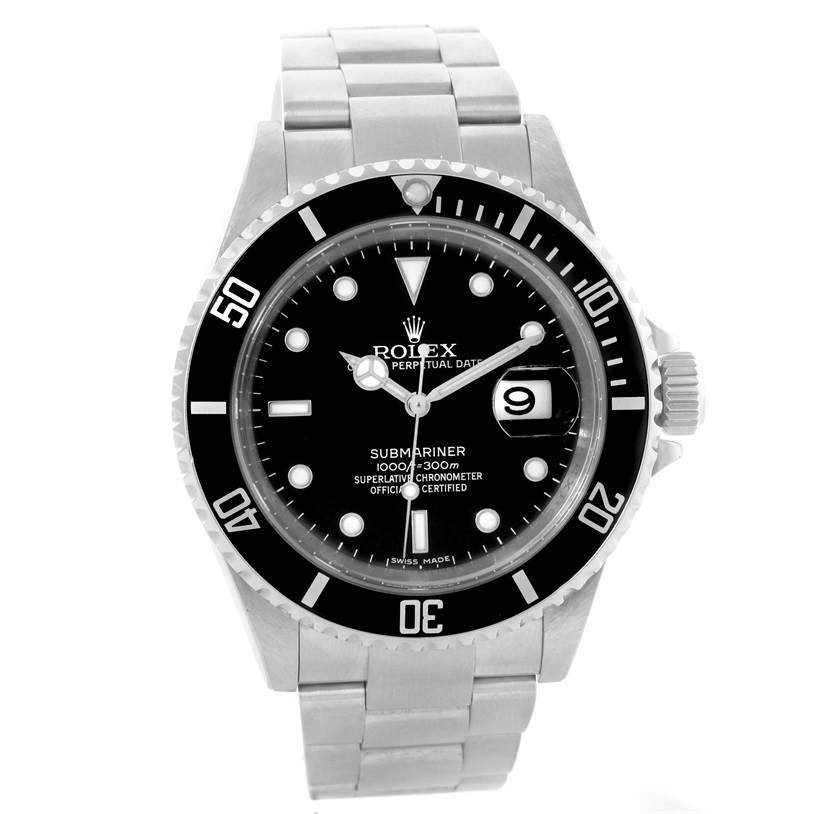 This image shows a front view of a Rolex Submariner 16610 Men
s Stainless Steel Black Dial 16610 Men
s Stainless Steel Black Dial watch, displaying the dial, bezel, and bracelet.