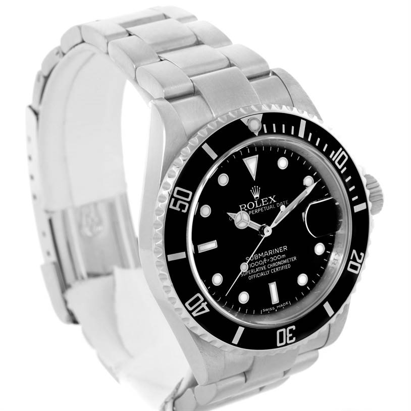 The Rolex Submariner 16610 Men
s Stainless Steel Black Dial 16610 Men
s Stainless Steel Black Dial watch is shown from a 3/4 right front angle, detailing its dial, bezel, and bracelet.