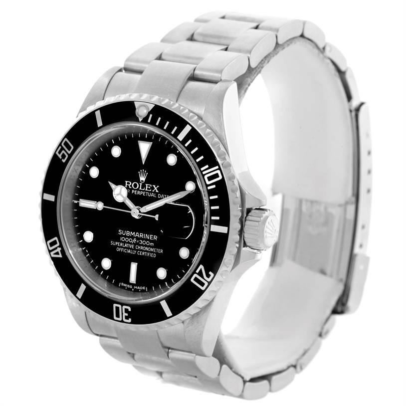 This image displays a Rolex Submariner 16610 Men
s Stainless Steel Black Dial 16610 Men
s Stainless Steel Black Dial watch from an angled side view showcasing the dial, bezel, bracelet, and crown.
