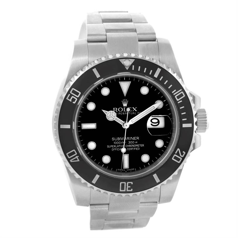 This image shows a Rolex Submariner 116610 Men
s Stainless Steel Black Dial 116610 Men
s Stainless Steel Black Dial watch from a front angle, displaying its face, bezel, and bracelet.