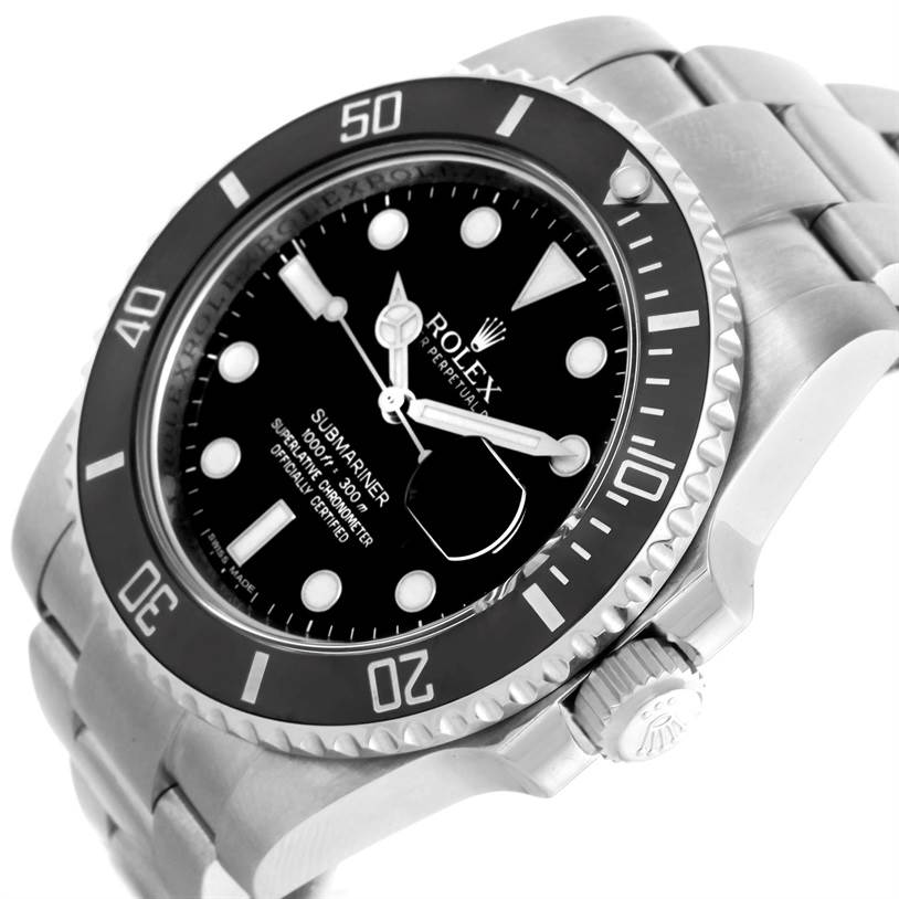 The image shows a close-up angle of a Rolex Submariner 116610 Men
s Stainless Steel Black Dial 116610 Men
s Stainless Steel Black Dial watch, displaying the bezel, dial, hands, and part of the bracelet.