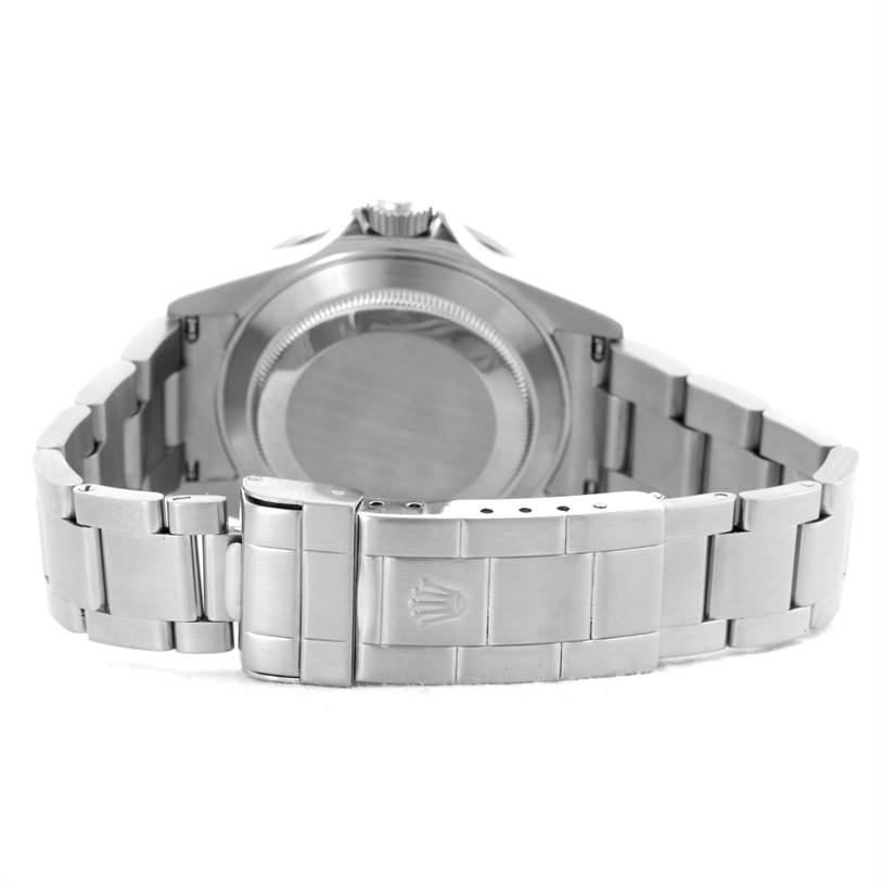 This image shows the Rolex Submariner 16610 Men
s Stainless Steel Black Dial 16610 Men
s Stainless Steel Black Dial watch from the back, highlighting the clasp and bracelet links.