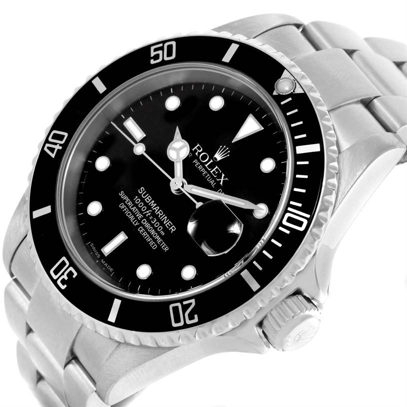 The image shows the Rolex Submariner 16610 Men
s Stainless Steel Black Dial 16610 Men
s Stainless Steel Black Dial watch from a tilted angle, highlighting the face, bezel, and part of the stainless steel bracelet.