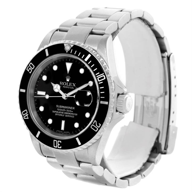 The image shows a Rolex Submariner 16610 Men
s Stainless Steel Black Dial 16610 Men
s Stainless Steel Black Dial watch at a three-quarter angle, highlighting its face, bezel, crown, and bracelet.