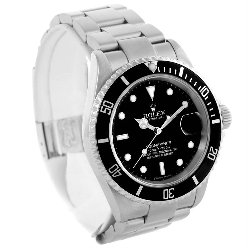 The image shows the front and left side of a Rolex Submariner 16610 Men
s Stainless Steel Black Dial 16610 Men
s Stainless Steel Black Dial watch, including the dial, bezel, and bracelet.
