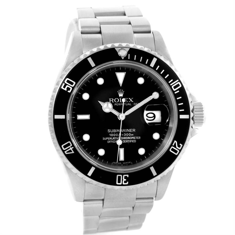 The image shows a Rolex Submariner 16610 Men
s Stainless Steel Black Dial 16610 Men
s Stainless Steel Black Dial watch at a straight-on angle, highlighting the face, bezel, case, and part of the bracelet.
