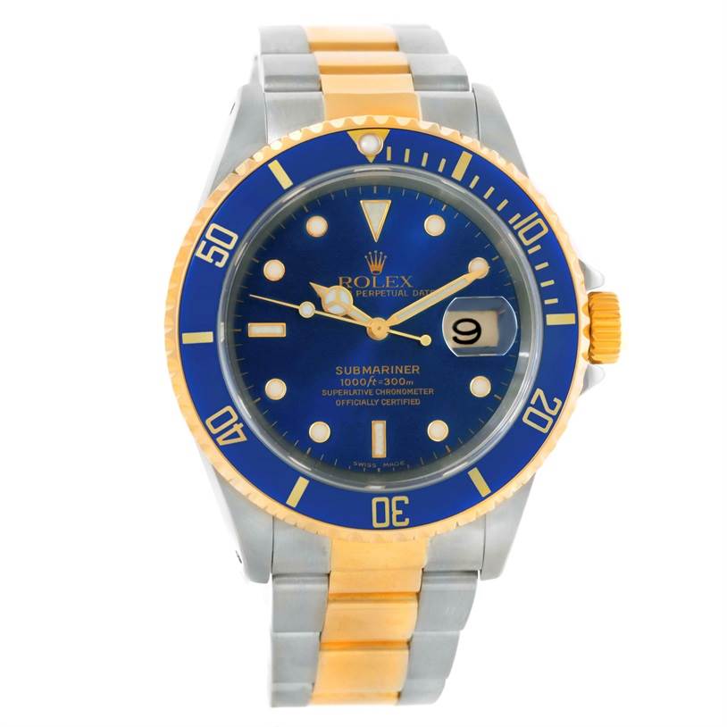 The Rolex Submariner 16613 Men's Steel and Gold (two tone) Blue Dial 16613 Men's Steel and Gold (two tone) Blue Dial watch is shown from the front, highlighting its blue dial, gold accents, and two-tone bracelet.