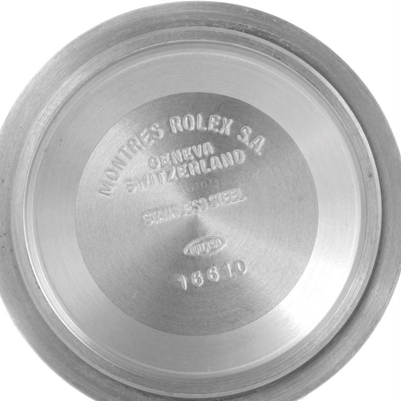 This image shows the inner side of the case back of a Rolex Submariner 16610 Men
s Stainless Steel Black Dial 16610 Men
s Stainless Steel Black Dial watch, displaying the model number 16610.