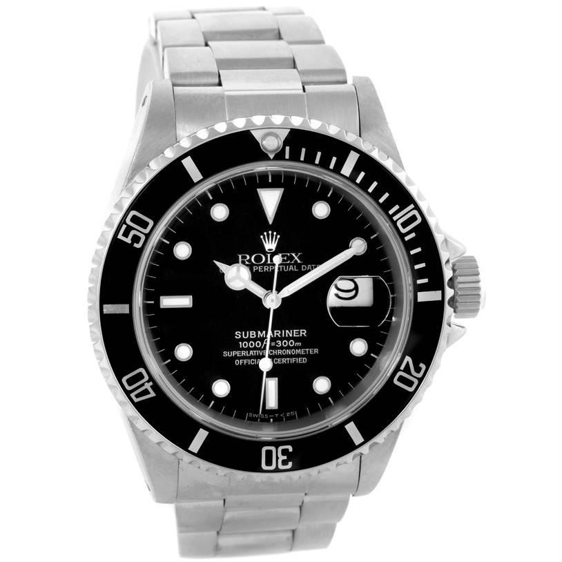 The image shows a front view of a Rolex Submariner 16610 Men
s Stainless Steel Black Dial 16610 Men
s Stainless Steel Black Dial watch, displaying its dial, bezel, and bracelet.