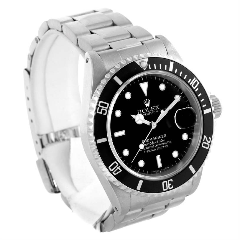 This image shows a Rolex Submariner 16610 Men
s Stainless Steel Black Dial 16610 Men
s Stainless Steel Black Dial watch at a three-quarter angle, featuring its bezel, dial, bracelet, and crown.