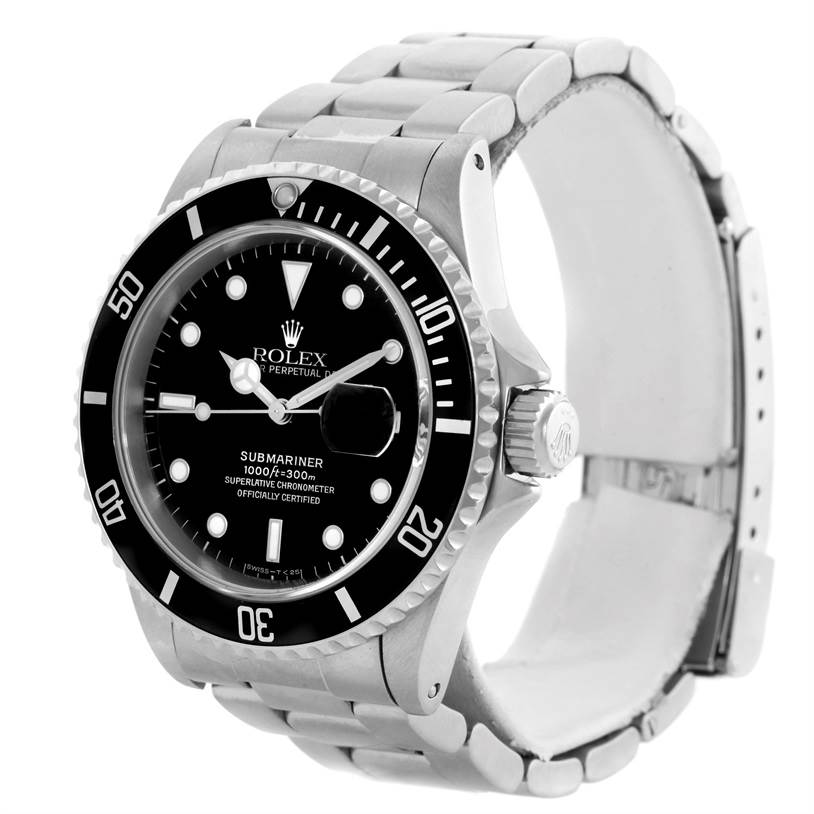 The image shows a side angle view of a Rolex Submariner 16610 Men
s Stainless Steel Black Dial 16610 Men
s Stainless Steel Black Dial watch, highlighting its bezel, dial, and bracelet.