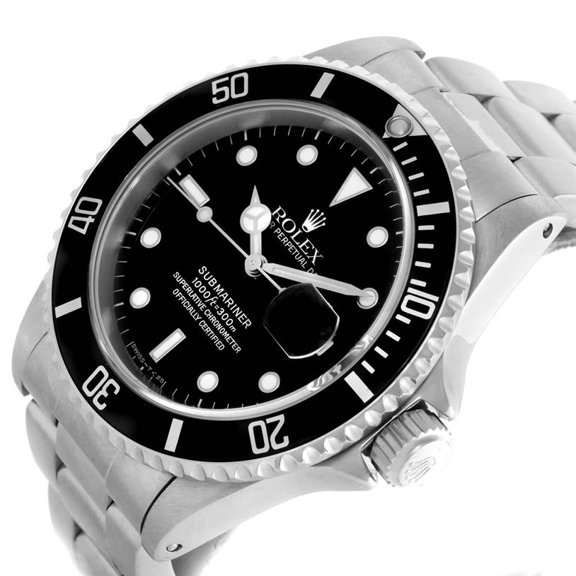 The image shows a Rolex Submariner 16610 Men
s Stainless Steel Black Dial 16610 Men
s Stainless Steel Black Dial watch from an angled perspective, displaying the dial, bezel, crown, and part of the bracelet.