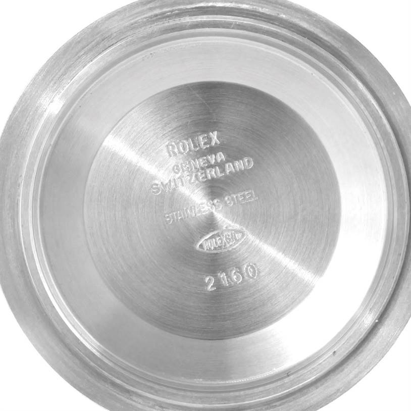 This image shows the inner case back of a Rolex Submariner 16610 Men
s Stainless Steel Black Dial 16610 Men
s Stainless Steel Black Dial watch, displaying the brand name, origin, material, and reference number.
