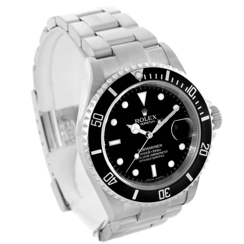 The image shows a Rolex Submariner 16610 Men
s Stainless Steel Black Dial 16610 Men
s Stainless Steel Black Dial watch from an angled side view, displaying the watch face, bezel, bracelet, and crown.