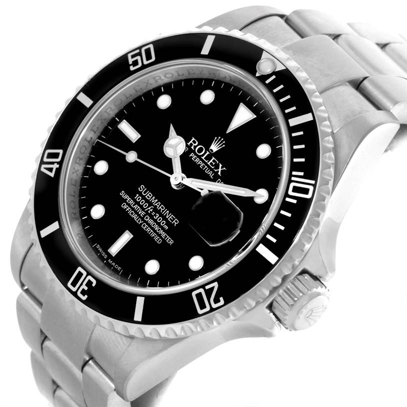 The image shows a close-up angle of the Rolex Submariner 16610 Men
s Stainless Steel Black Dial 16610 Men
s Stainless Steel Black Dial watch, highlighting the dial, bezel, crown, and part of the bracelet.
