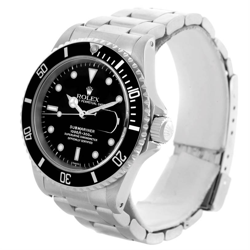 The image shows a side angle of a Rolex Submariner 16610 Men
s Stainless Steel Black Dial 16610 Men
s Stainless Steel Black Dial watch, highlighting the face, bezel, crown, and bracelet.