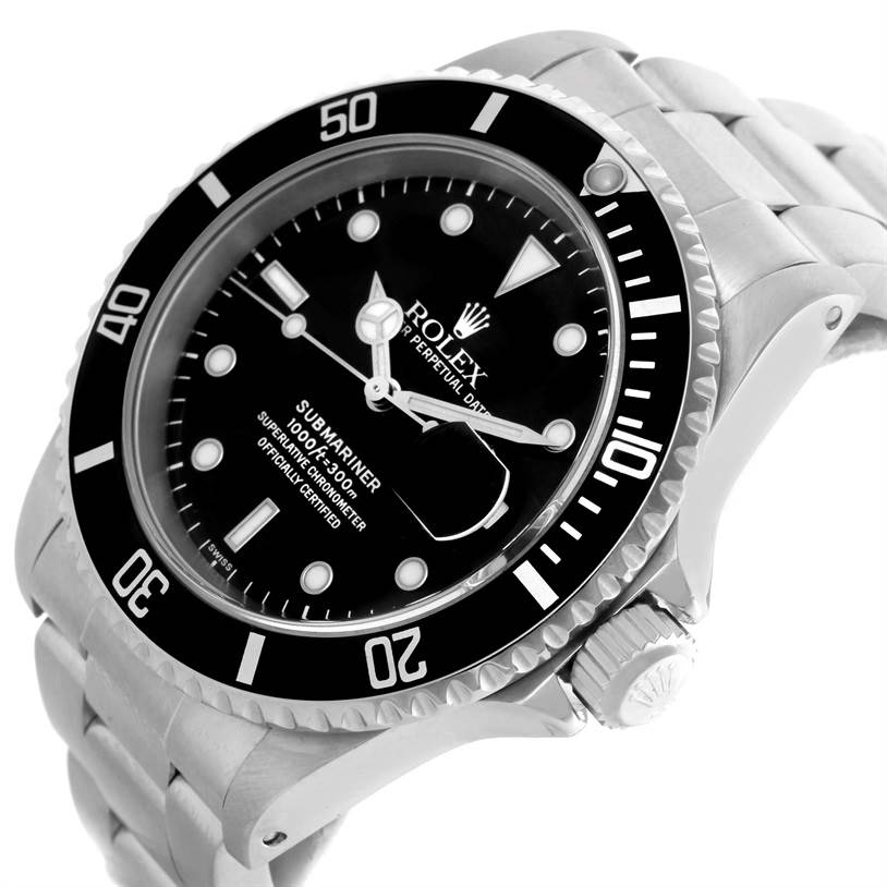 The Rolex Submariner 16610 Men
s Stainless Steel Black Dial 16610 Men
s Stainless Steel Black Dial watch is shown at an angle highlighting the bezel, dial, and part of the bracelet.