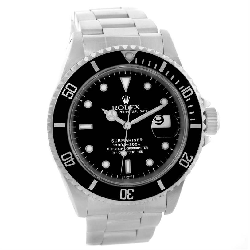 This image shows a Rolex Submariner 16610 Men
s Stainless Steel Black Dial 16610 Men
s Stainless Steel Black Dial watch from a front angle, featuring its black dial, bezel, and bracelet.