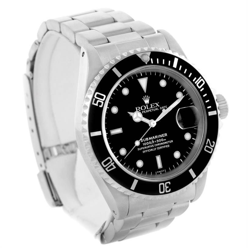 The Rolex Submariner 16610 Men
s Stainless Steel Black Dial 16610 Men
s Stainless Steel Black Dial watch is shown from a three-quarter angle, displaying its face, bezel, crown, and bracelet.