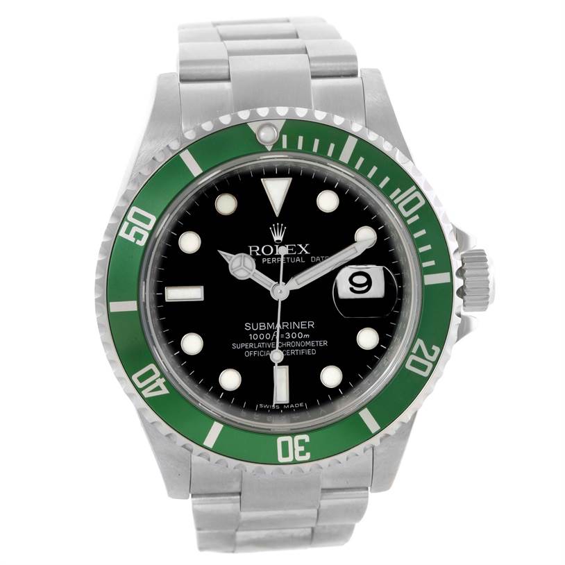 The image shows a front view of a Rolex Submariner 16610LV Men
s Stainless Steel Black Dial 16610LV Men
s Stainless Steel Black Dial watch, featuring a green bezel, black dial, and stainless steel bracelet.