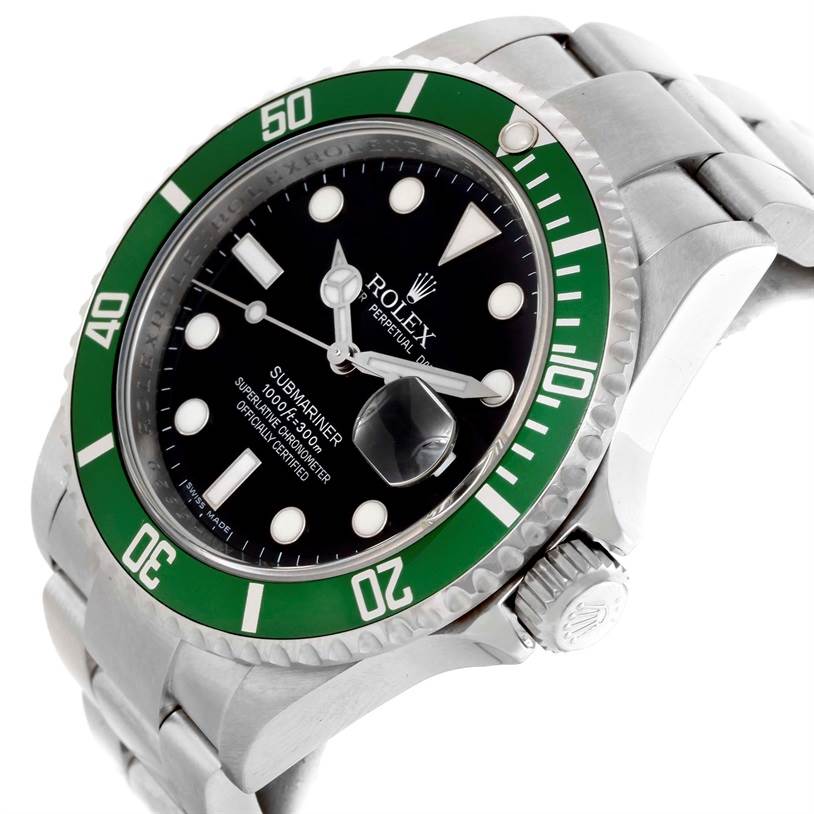 The image shows a Rolex Submariner 16610LV Men
s Stainless Steel Black Dial 16610LV Men
s Stainless Steel Black Dial watch from an angled close-up, highlighting the bezel, dial, crown, and bracelet.