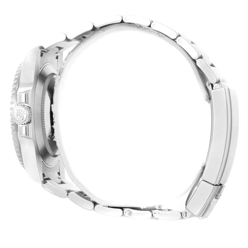 The image shows a side view of the Rolex Submariner 116610LV Men's Stainless Steel Green Dial 116610LV Men's Stainless Steel Green Dial watch, focusing on its case, crown, and bracelet.