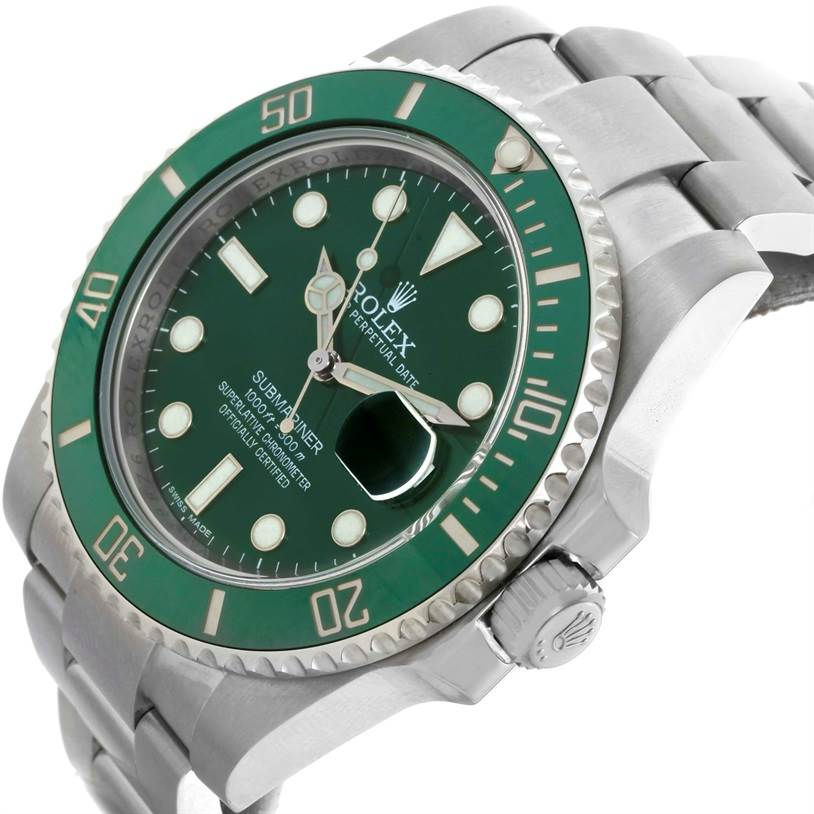 The Rolex Submariner 116610LV Men's Stainless Steel Green Dial 116610LV Men's Stainless Steel Green Dial watch is shown at an angled close-up, highlighting the green bezel, dial, and crown.
