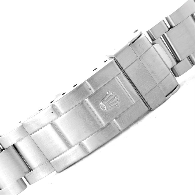 This image shows the clasp of a Rolex Submariner 16610LV Men
s Stainless Steel Black Dial 16610LV Men
s Stainless Steel Black Dial watch bracelet from a side angle.