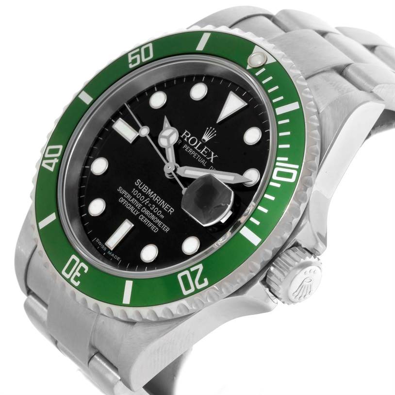 The image shows a Rolex Submariner 16610LV Men
s Stainless Steel Black Dial 16610LV Men
s Stainless Steel Black Dial watch from an angled side view, highlighting the green bezel, black dial, and side crown.