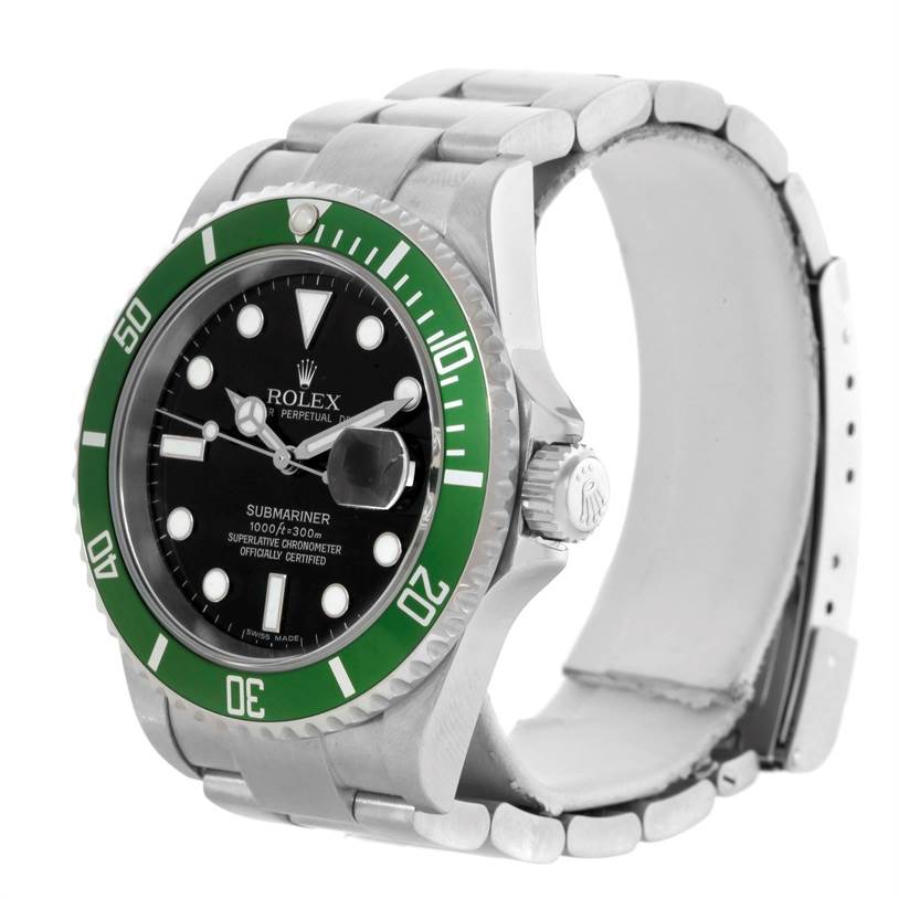 The image shows a Rolex Submariner 16610LV Men
s Stainless Steel Black Dial 16610LV Men
s Stainless Steel Black Dial watch from a slight left-side angle, highlighting the bezel, dial, bracelet, and crown.