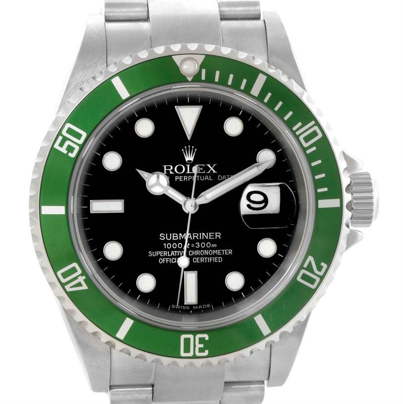 The image shows a front view of the Rolex Submariner 16610LV Men
s Stainless Steel Black Dial 16610LV Men
s Stainless Steel Black Dial watch featuring its black dial, green bezel, and date window.