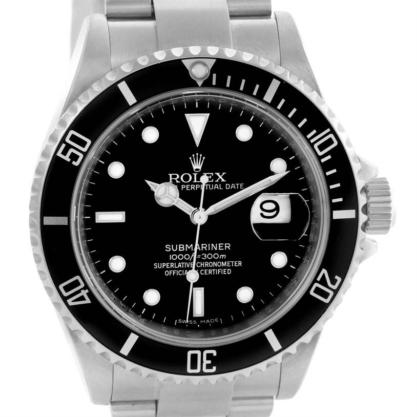 The image shows a front angle view of the Rolex Submariner 16610 Men
s Stainless Steel Black Dial 16610 Men
s Stainless Steel Black Dial watch, highlighting the dial, bezel, bracelet, and crown.