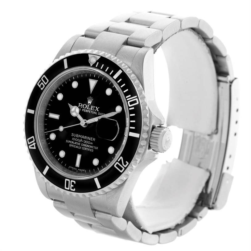The image shows a Rolex Submariner 16610 Men
s Stainless Steel Black Dial 16610 Men
s Stainless Steel Black Dial watch from a front-side angle, featuring its dial, bezel, and part of its metal bracelet.