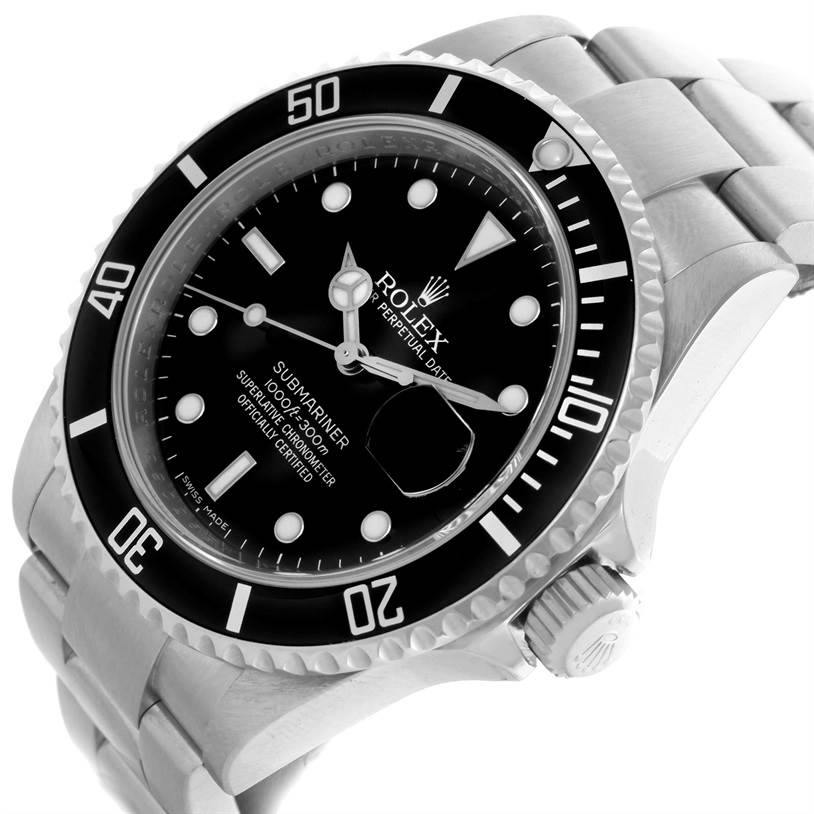 The image shows a Rolex Submariner 16610 Men
s Stainless Steel Black Dial 16610 Men
s Stainless Steel Black Dial watch at an angled top-down view, highlighting the black dial, bezel, and stainless steel bracelet.