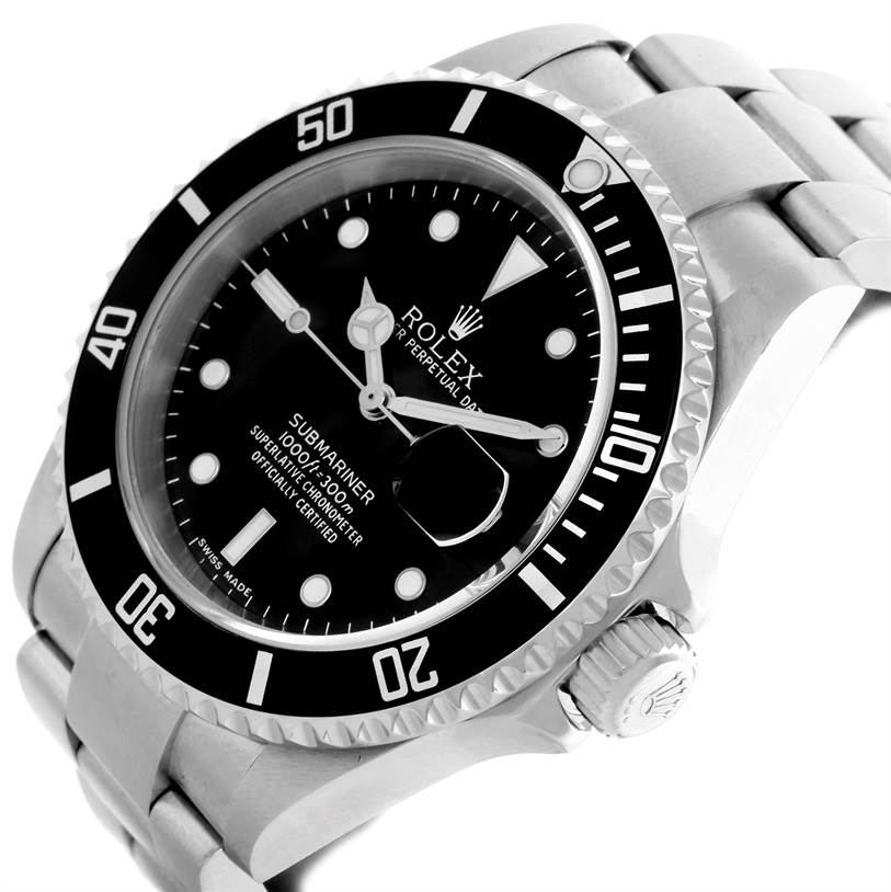 The image shows a Rolex Submariner 16610 Men
s Stainless Steel Black Dial 16610 Men
s Stainless Steel Black Dial watch at a slight angle, highlighting the face, bezel, and partial bracelet.