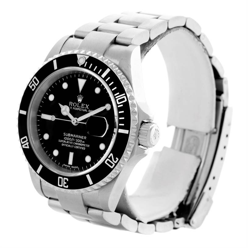 This image shows a Rolex Submariner 16610 Men
s Stainless Steel Black Dial 16610 Men
s Stainless Steel Black Dial watch from an angled perspective, highlighting the face, bezel, and bracelet.