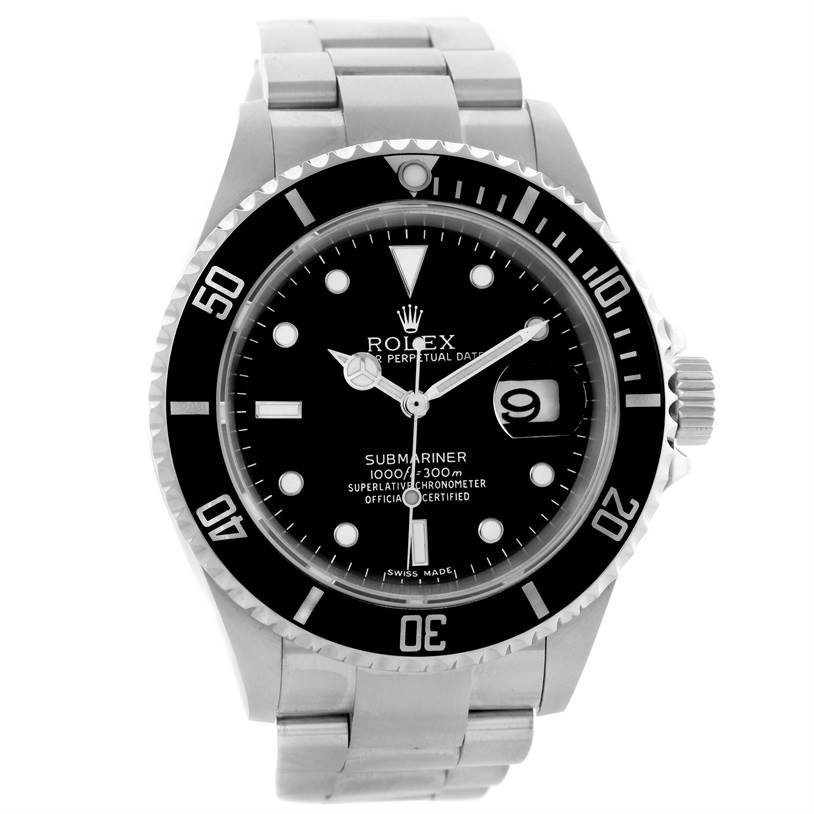 This image shows a front view of the Rolex Submariner 16610 Men
s Stainless Steel Black Dial 16610 Men
s Stainless Steel Black Dial watch, highlighting its black bezel, dial, and stainless steel bracelet.