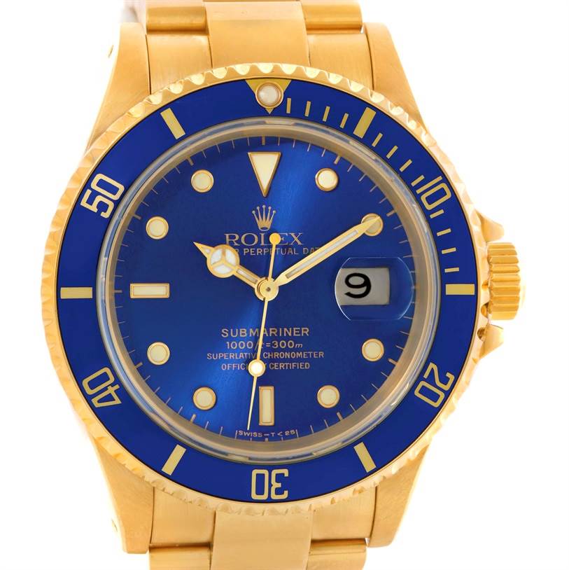 The image shows a front view of the Rolex Submariner 16618 Men's Yellow Gold Blue Dial 16618 Men's Yellow Gold Blue Dial watch, highlighting the dial, bezel, and bracelet.