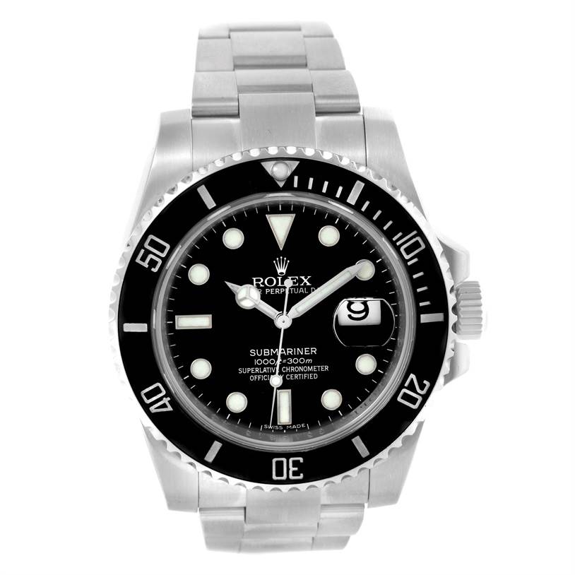 This is a front view of a Rolex Submariner 116610 Men
s Stainless Steel Black Dial 116610 Men
s Stainless Steel Black Dial watch, showing its dial, bezel, crown, and bracelet.