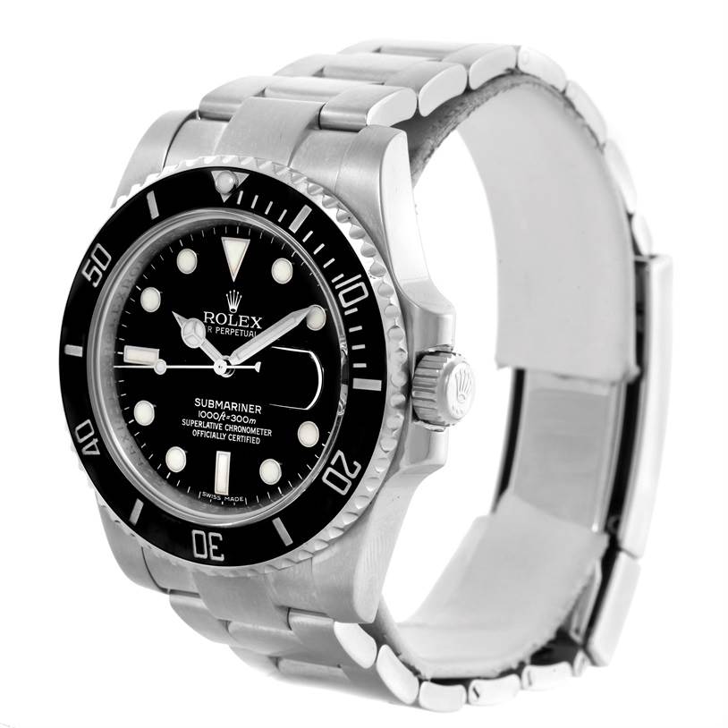 This is a front-left angled view of a Rolex Submariner 116610 Men
s Stainless Steel Black Dial 116610 Men
s Stainless Steel Black Dial watch, showcasing its dial, bezel, crown, and bracelet.