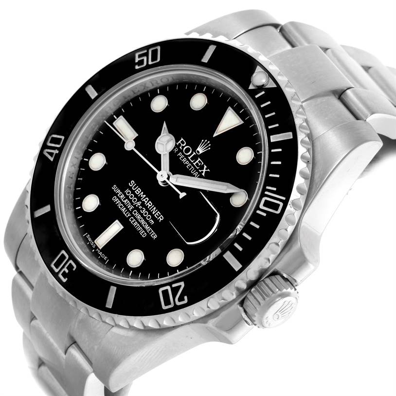 The image shows a side angle of the Rolex Submariner 116610 Men
s Stainless Steel Black Dial 116610 Men
s Stainless Steel Black Dial watch, highlighting the bezel, dial, bracelet, and crown.