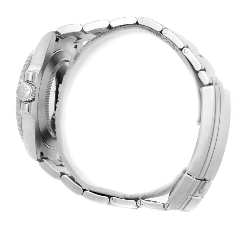 This side-angle view of the Rolex Submariner 116610 Men
s Stainless Steel Black Dial 116610 Men
s Stainless Steel Black Dial watch shows the case, crown, and bracelet with the clasp closed.