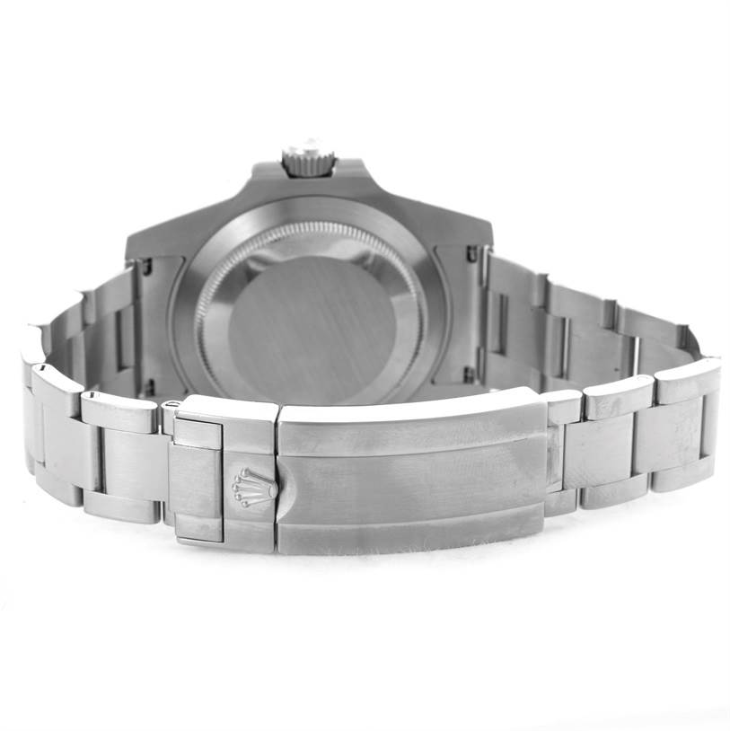 The image shows the back view of a Rolex Submariner 116610 Men
s Stainless Steel Black Dial 116610 Men
s Stainless Steel Black Dial watch, focusing on the case back and the metal bracelet with the clasp.