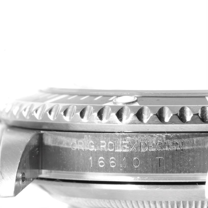 The image shows a close-up side view of the bezel and case of a Rolex Submariner 16610 Men
s Stainless Steel Black Dial 16610 Men
s Stainless Steel Black Dial model 16610T.