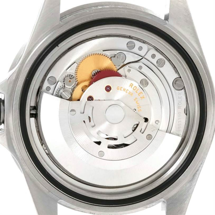 The image shows the internal mechanical movement of the Rolex Submariner 16610 Men
s Stainless Steel Black Dial 16610 Men
s Stainless Steel Black Dial watch from a back-facing angle.