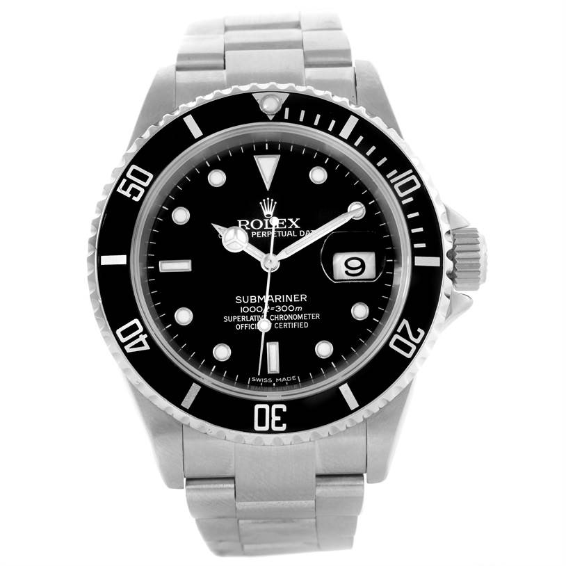 The image shows a front view of a Rolex Submariner 16610 Men
s Stainless Steel Black Dial 16610 Men
s Stainless Steel Black Dial watch, highlighting its black dial, bezel, and stainless steel bracelet.