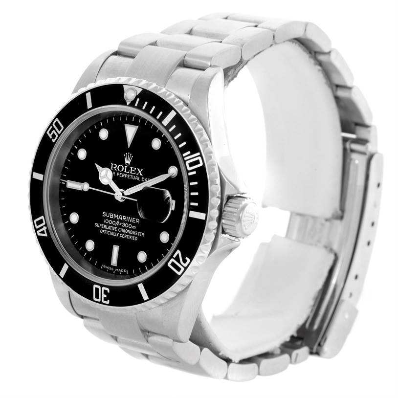 The image shows a Rolex Submariner 16610 Men
s Stainless Steel Black Dial 16610 Men
s Stainless Steel Black Dial watch from a three-quarter angle, displaying the dial, bezel, crown, and bracelet.
