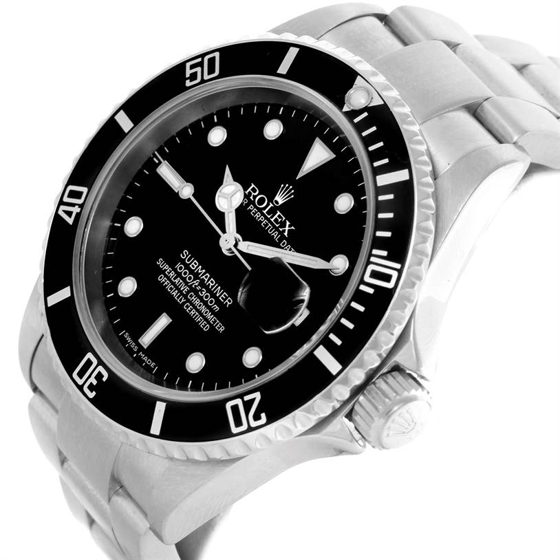 This image shows a Rolex Submariner 16610 Men
s Stainless Steel Black Dial 16610 Men
s Stainless Steel Black Dial watch at an angled close-up, highlighting the dial, bezel, and part of the bracelet.
