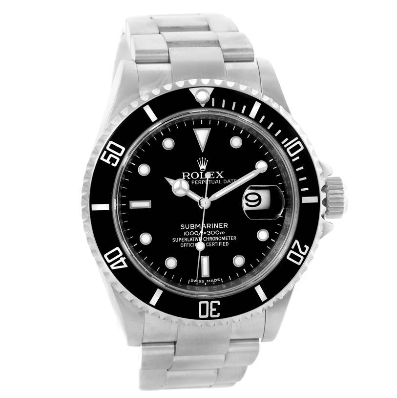 The image shows a front view of the Rolex Submariner 16610 Men
s Stainless Steel Black Dial 16610 Men
s Stainless Steel Black Dial watch, displaying its dial, bezel, and bracelet.
