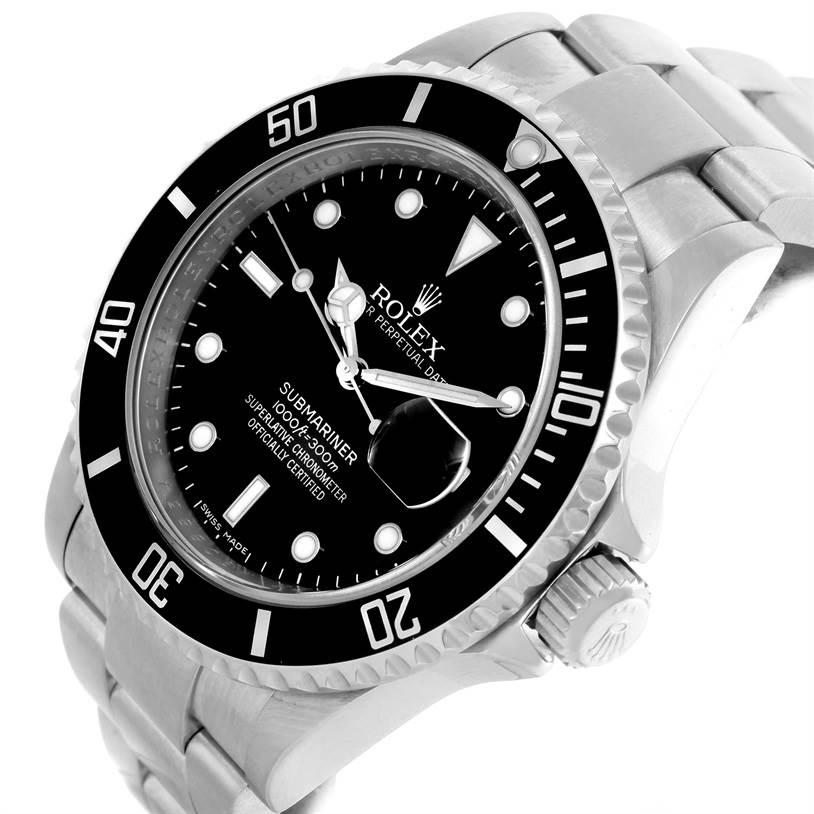 The image shows a Rolex Submariner 16610 Men
s Stainless Steel Black Dial 16610 Men
s Stainless Steel Black Dial watch at an angled view, highlighting its dial, bezel, and part of the bracelet.